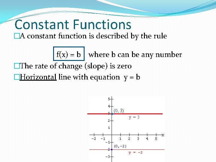 Constant Functions �A constant function is described by the rule f(x) = b where