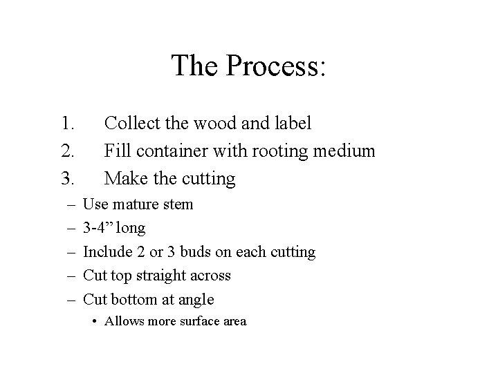 The Process: 1. 2. 3. – – – Collect the wood and label Fill