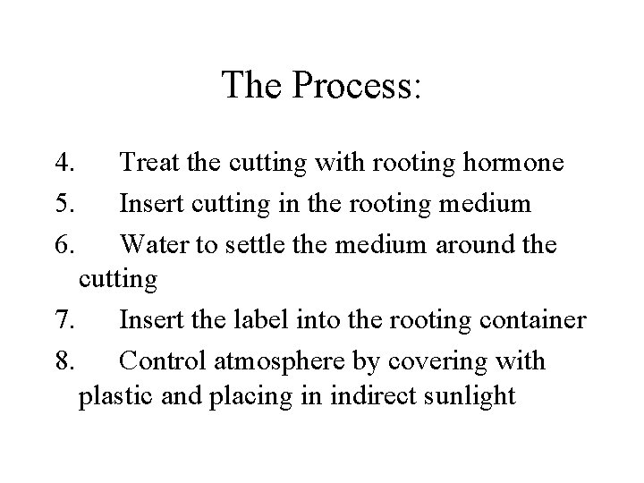 The Process: 4. 5. 6. Treat the cutting with rooting hormone Insert cutting in