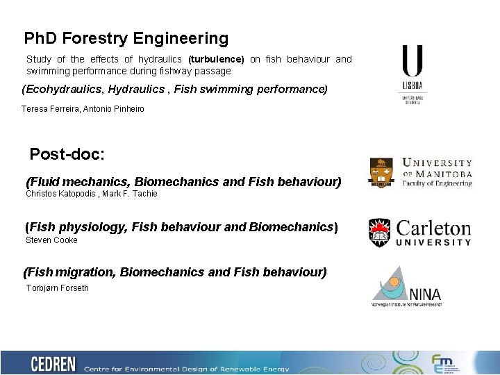 Ph. D Forestry Engineering Study of the effects of hydraulics (turbulence) on fish behaviour