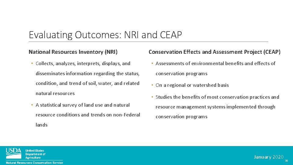 Evaluating Outcomes: NRI and CEAP National Resources Inventory (NRI) • Collects, analyzes, interprets, displays,