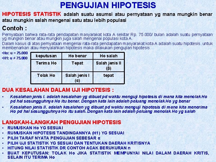 PENGUJIAN HIPOTESIS STATISTIK adalah suatu asumsi atau pernyataan yg mana mungkin benar atau mungkin
