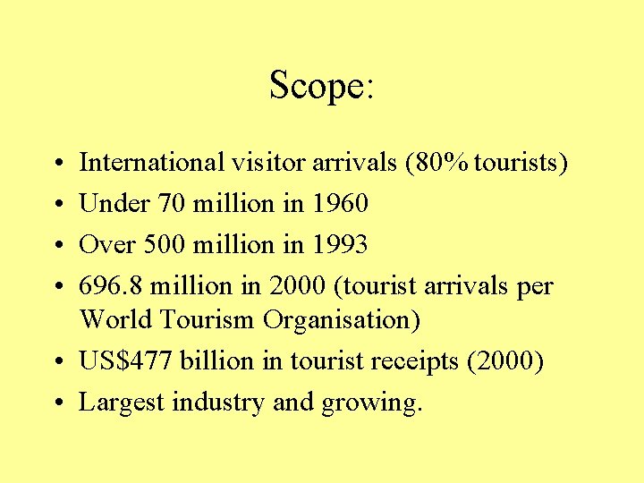 Scope: • • International visitor arrivals (80% tourists) Under 70 million in 1960 Over