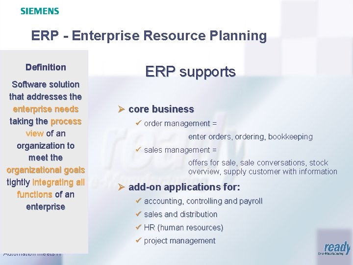 ERP - Enterprise Resource Planning Definition Software solution that addresses the enterprise needs taking