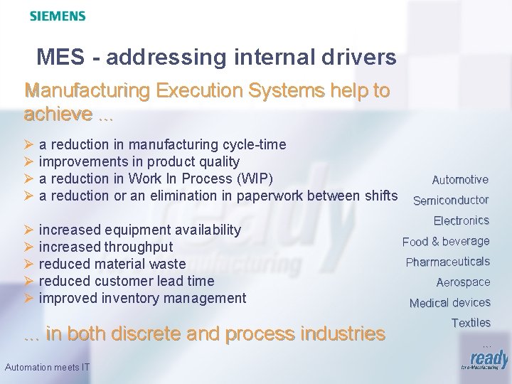 MES - addressing internal drivers Manufacturing Execution Systems help to achieve. . . Ø