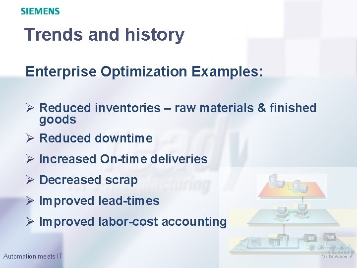 Trends and history Enterprise Optimization Examples: Ø Reduced inventories – raw materials & finished