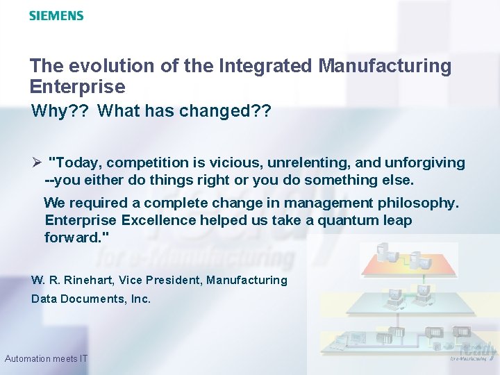 The evolution of the Integrated Manufacturing Enterprise Why? ? What has changed? ? Ø