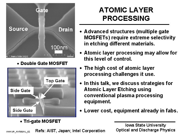 ATOMIC LAYER PROCESSING · Advanced structures (multiple gate MOSFETs) require extreme selectivity in etching ATOMIC LAYER PROCESSING · Advanced structures (multiple gate MOSFETs) require extreme selectivity in etching