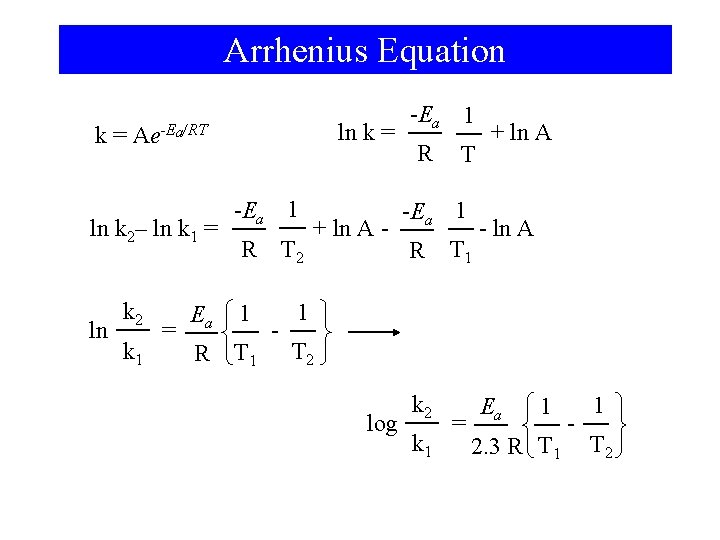 Arrhenius Equation k= ln k 2– ln k 1 = ln ln k =