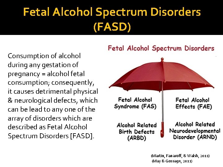 Fetal Alcohol Spectrum Disorders (FASD) Consumption of alcohol during any gestation of pregnancy =