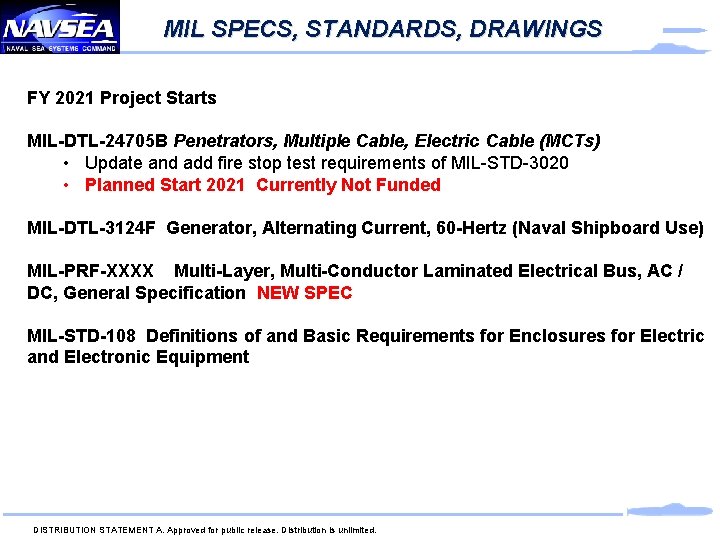 MIL SPECS, STANDARDS, DRAWINGS FY 2021 Project Starts MIL-DTL-24705 B Penetrators, Multiple Cable, Electric