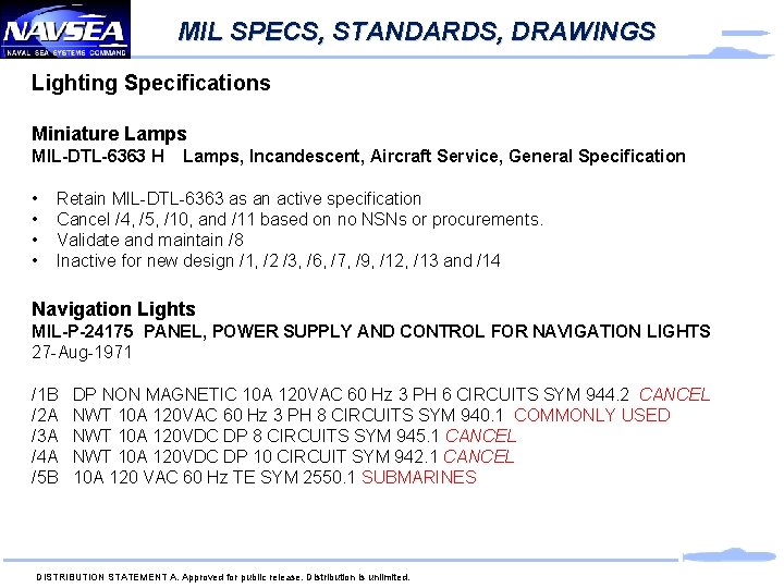 MIL SPECS, STANDARDS, DRAWINGS Lighting Specifications Miniature Lamps MIL-DTL-6363 H • • Lamps, Incandescent,