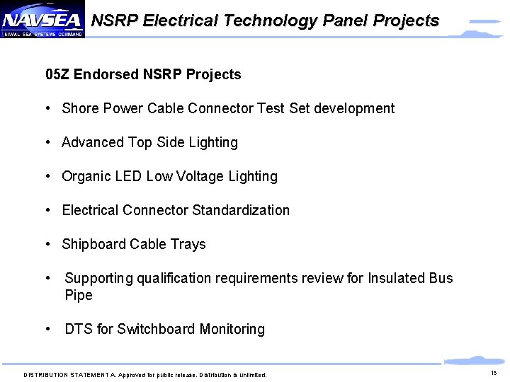 NSRP Electrical Technology Panel Projects 05 Z Endorsed NSRP Projects • Shore Power Cable