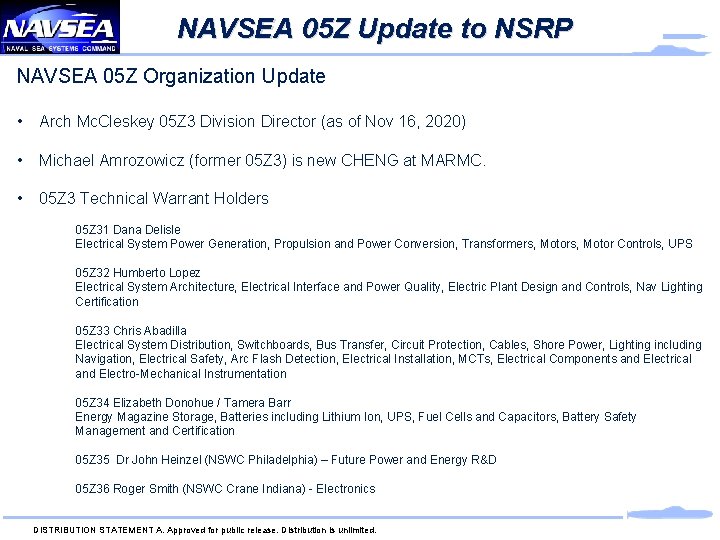 NAVSEA 05 Z Update to NSRP NAVSEA 05 Z Organization Update • Arch Mc.