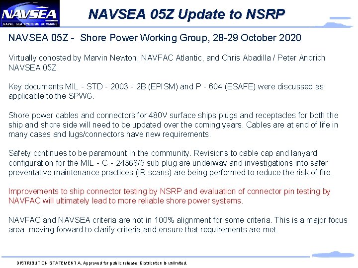 NAVSEA 05 Z Update to NSRP NAVSEA 05 Z - Shore Power Working Group,