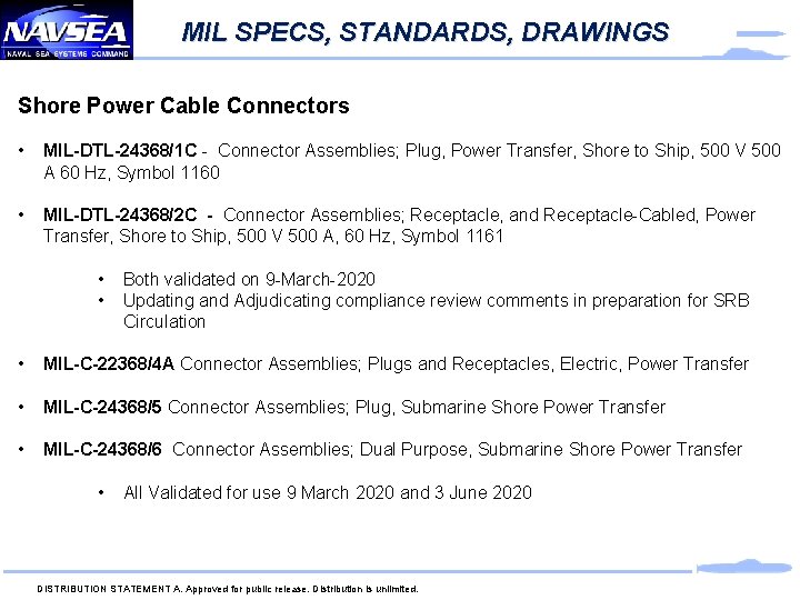 MIL SPECS, STANDARDS, DRAWINGS Shore Power Cable Connectors • MIL-DTL-24368/1 C - Connector Assemblies;