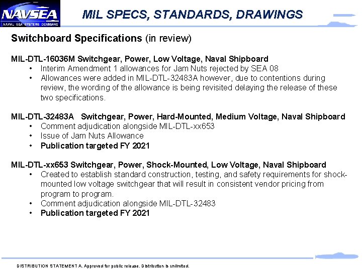 MIL SPECS, STANDARDS, DRAWINGS Switchboard Specifications (in review) MIL-DTL-16036 M Switchgear, Power, Low Voltage,