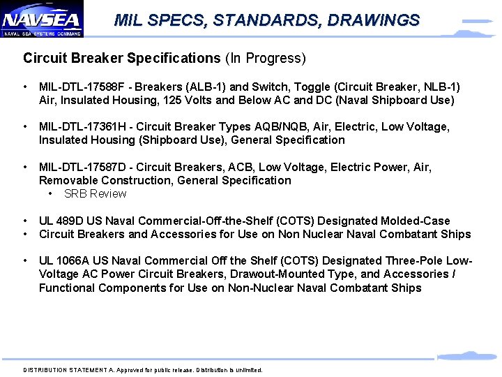 MIL SPECS, STANDARDS, DRAWINGS Circuit Breaker Specifications (In Progress) • MIL-DTL-17588 F - Breakers