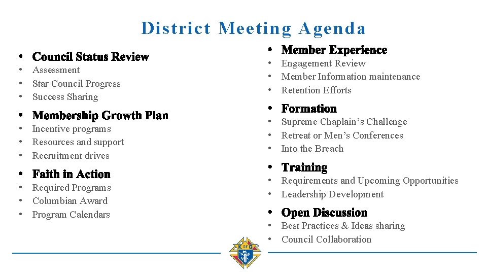 District Meeting Agenda • Assessment • Star Council Progress • Success Sharing • Incentive