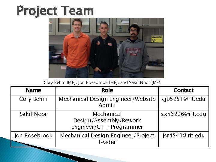 Project Team Cory Behm (ME), Jon Rosebrook (ME), and Sakif Noor (ME) Name Role