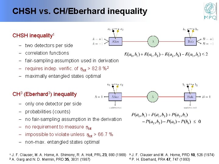 CHSH vs. CH/Eberhard inequality CHSH inequality 1 - two detectors per side - correlation