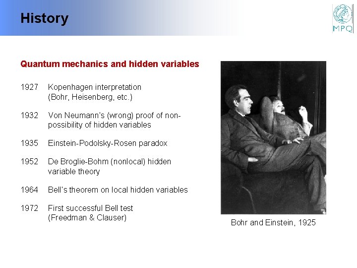 History Quantum mechanics and hidden variables 1927 Kopenhagen interpretation (Bohr, Heisenberg, etc. ) 1932