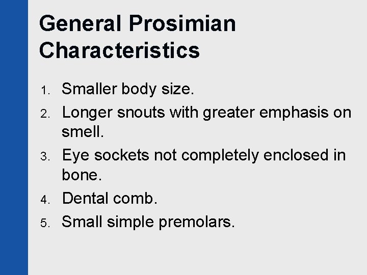 General Prosimian Characteristics 1. 2. 3. 4. 5. Smaller body size. Longer snouts with