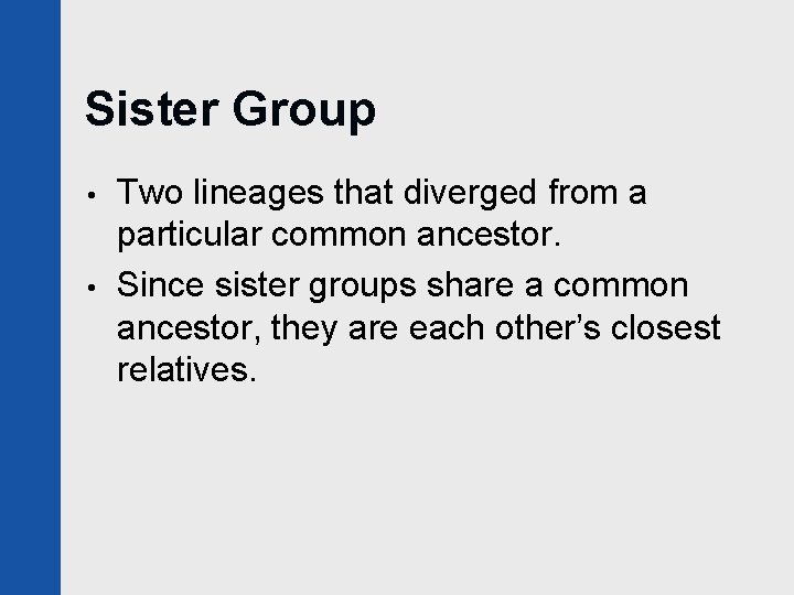 Sister Group • • Two lineages that diverged from a particular common ancestor. Since