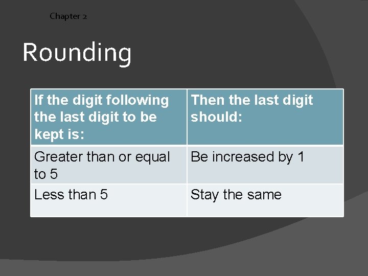 Chapter 2 Rounding If the digit following the last digit to be kept is: