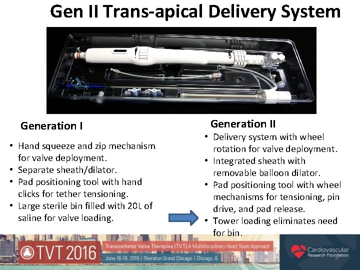 Gen II Trans-apical Delivery System Generation I • Hand squeeze and zip mechanism for