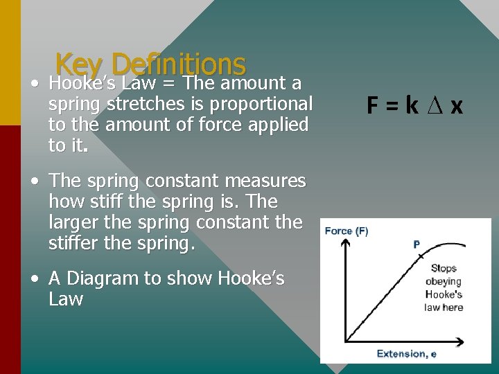  • Key Definitions Hooke’s Law = The amount a spring stretches is proportional