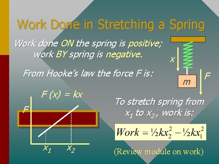 Work Done in Stretching a Spring Work done ON the spring is positive; work