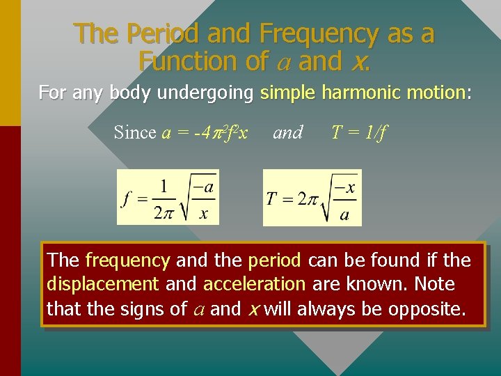 The Period and Frequency as a Function of a and x. For any body