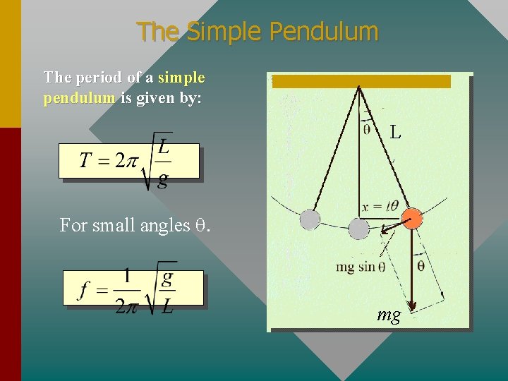 The Simple Pendulum The period of a simple pendulum is given by: L For