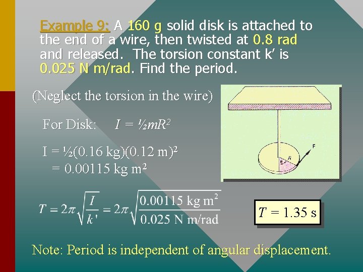 Example 9: A 160 g solid disk is attached to the end of a