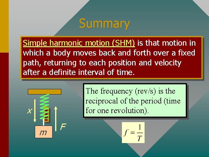 Summary Simple harmonic motion (SHM) is that motion in which a body moves back