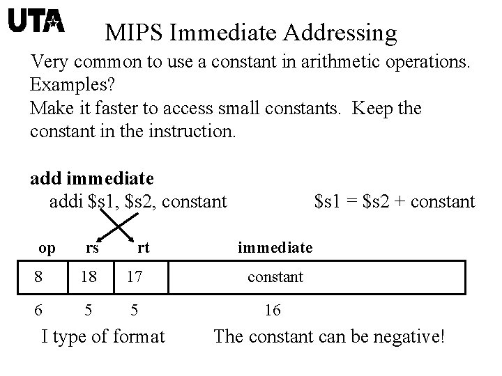 MIPS Immediate Addressing Very common to use a constant in arithmetic operations. Examples? Make