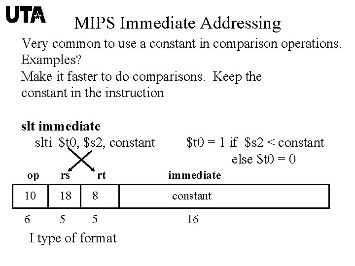 MIPS Immediate Addressing Very common to use a constant in comparison operations. Examples? Make
