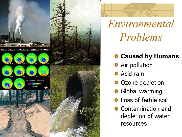 Environmental Problems Caused by Humans Air pollution Acid rain Ozone depletion Global warming Loss