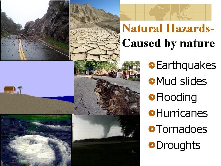 Natural Hazards. Caused by nature Earthquakes Mud slides Flooding Hurricanes Tornadoes Droughts 