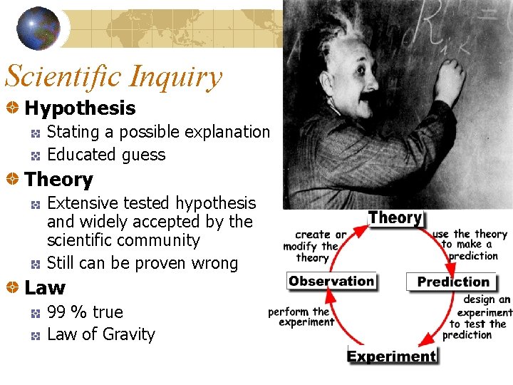 Scientific Inquiry Hypothesis Stating a possible explanation Educated guess Theory Extensive tested hypothesis and