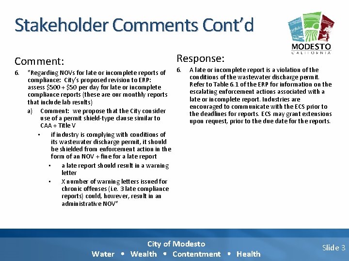 Stakeholder Comments Cont’d Comment: 6. Response: 6. "Regarding NOVs for late or incomplete reports Stakeholder Comments Cont’d Comment: 6. Response: 6. "Regarding NOVs for late or incomplete reports