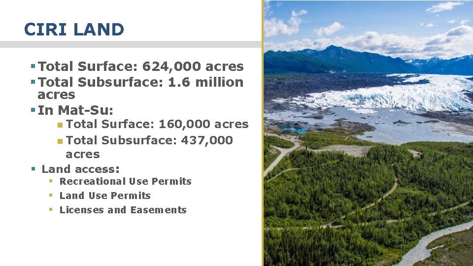 CIRI LAND § Total Surface: 624, 000 acres § Total Subsurface: 1. 6 million