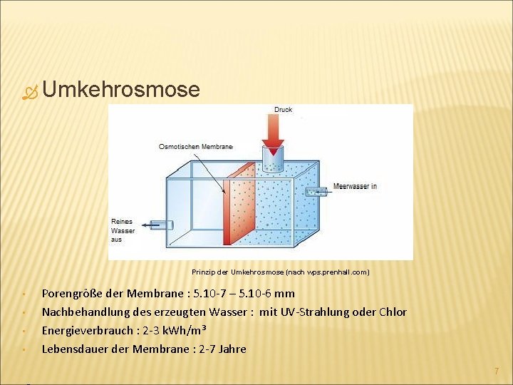 Umkehrosmose Prinzip der Umkehrosmose (nach wps. prenhall. com) • • Porengröße der Membrane