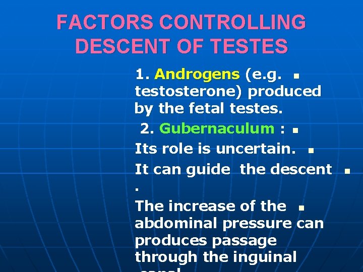 FACTORS CONTROLLING DESCENT OF TESTES 1. Androgens (e. g. n testosterone) produced by the FACTORS CONTROLLING DESCENT OF TESTES 1. Androgens (e. g. n testosterone) produced by the