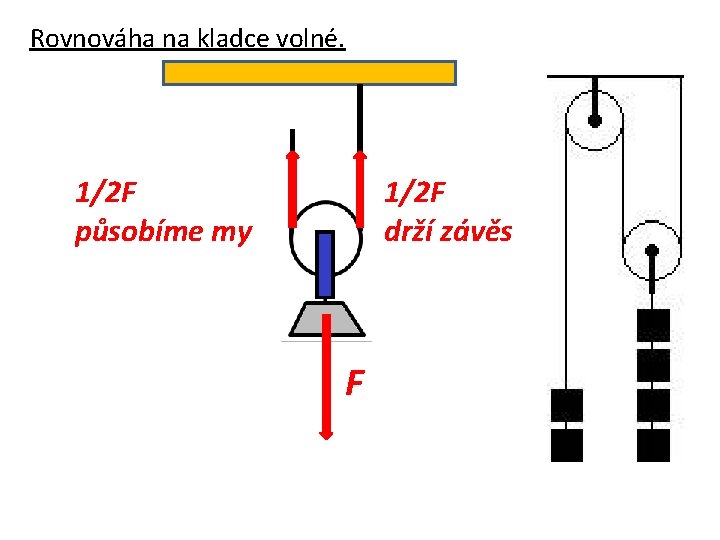 Rovnováha na kladce volné. 1/2 F působíme my 1/2 F drží závěs F 