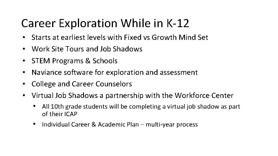 Career Exploration While in K-12 • • • Starts at earliest levels with Fixed