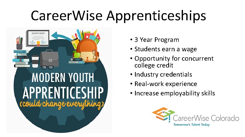 Career. Wise Apprenticeships • 3 Year Program • Students earn a wage • Opportunity