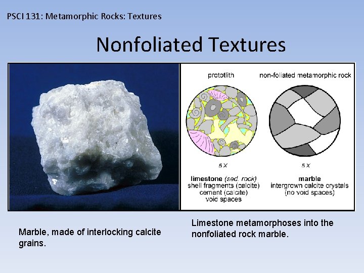 PSCI 131: Metamorphic Rocks: Textures Nonfoliated Textures Marble, made of interlocking calcite grains. Limestone