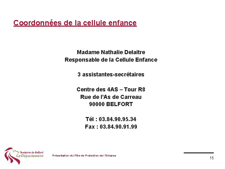 Coordonnées de la cellule enfance Madame Nathalie Delaitre Responsable de la Cellule Enfance 3